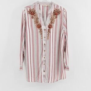 Soft Surroundings Womens‎ Repose Berry Stripe Beaded Tunic Sz XL Boho Button Top